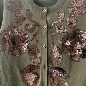 J. Crew Olive Green Cardigan with Bronze Sequin Floral Appliqué